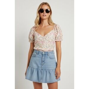 Japna Womens XL White Floral Smocked Peplum Top Puff Sleeve